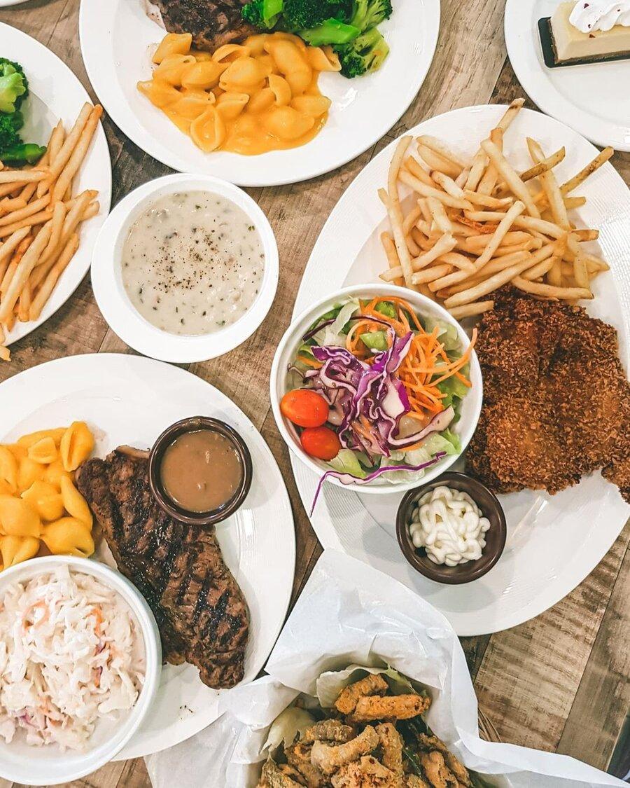 sirloin, salmon skin with salted egg, fried chicken