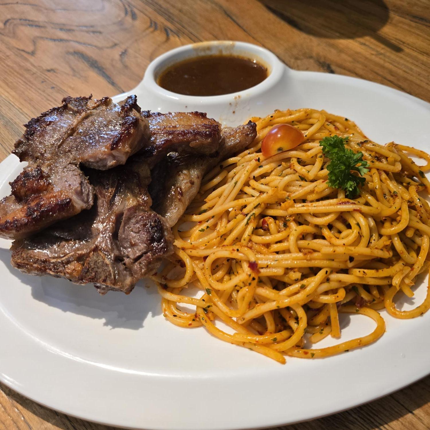 Grilled Lamb Chop with Spaghetti Aglio Olio