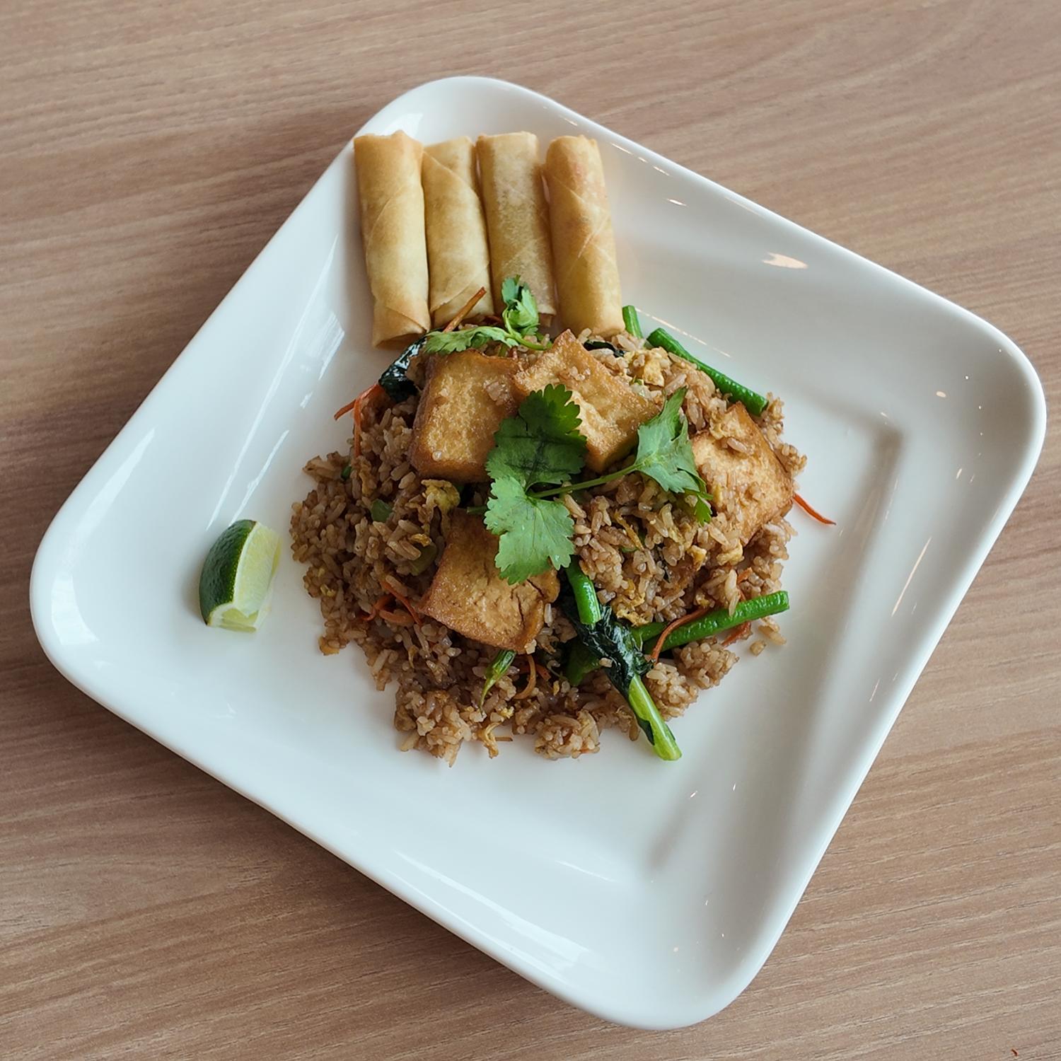 Vegetarian Fried Rice with Spring Rolls
