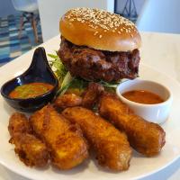 Ayam Penyet Burger with Tofu and Tempeh Fries