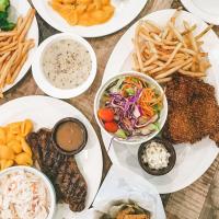 sirloin, salmon skin with salted egg, fried chicken
